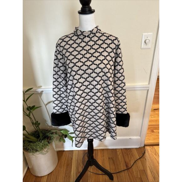 Tyler Boe Black Cream Fur Sleeves Dress Tunic Dress Stunning Mod 60s MIDI Size L - Picture 2 of 16